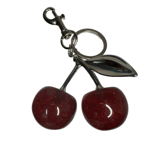 New Red Glittery Cherry Bag Charm Keychain w/ Silver-Tone Hardware